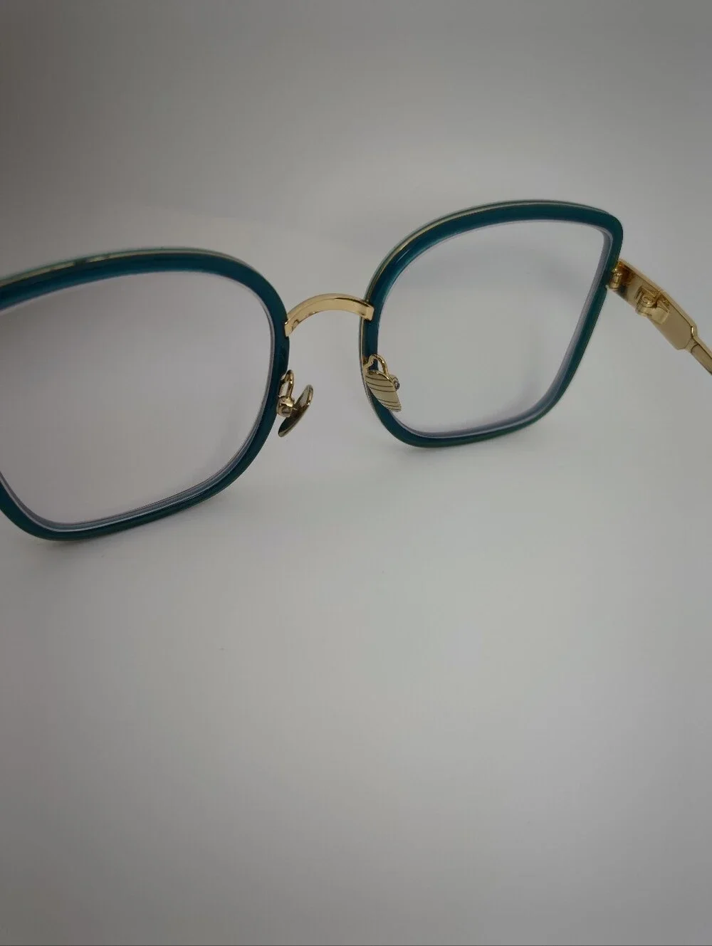 Margot. Stylish Teal Square Women's Eyewear with Gold Accents. Full Metal Frame.